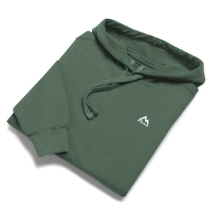 Folded green Mountain Faith Co. Open Doors Hoodie with small front logo.