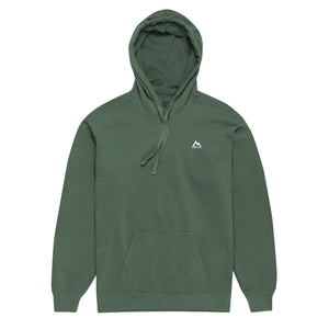 Mountain Faith Co. green hoodie with minimalist white chest logo, Christian clothing.