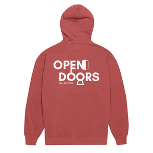Open Doors Hoodie in red with bold back graphic by Mountain Faith Co. Christian apparel.