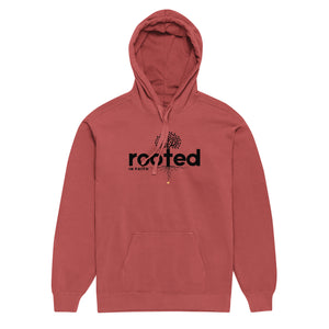 Red Mountain Faith Co. Rooted in Faith Hoodie with bold minimal logo design