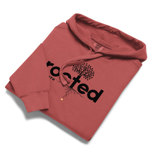 Red Mountain Faith Co. Rooted in Faith Hoodie with bold minimal logo design
