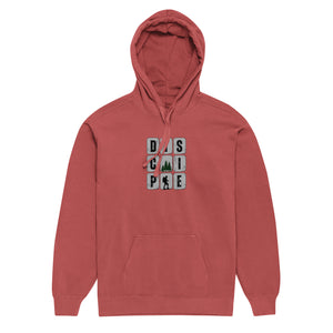 Red Disciple Hoodie with bold DISCIPLE lettering representing a committed walk with Jesus by Mountain Faith Co.
