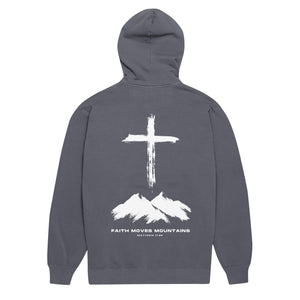 Gray Faith Moves Mountains Hoodie with cross standing over rugged mountain peaks inspired by Matthew 17:20 by Mountain Faith Co.