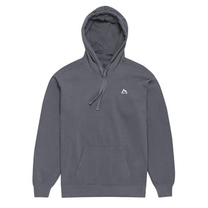 Mountain Faith Co. gray hoodie with minimalist white chest logo, Christian clothing.