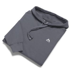 Folded Gray Mountain Faith Co. hoodie with small chest logo.