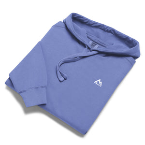 Folded light blue Mountain Faith Co. hoodie with clean minimalist front logo.