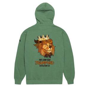 Green Mountain Faith Co. Lion of Judah Hoodie with crowned lion graphic and Revelation 5:5 text