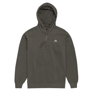 Mountain Faith Co. gray hoodie with minimalist white chest logo, Christian clothing.