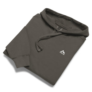 Folded gray Mountain Faith Co. Open Doors Hoodie with small front logo.