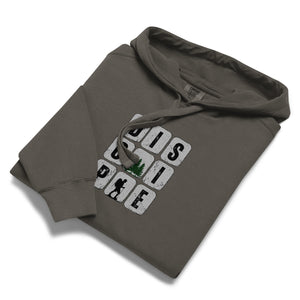 Gray folded Disciple Hoodie with bold DISCIPLE lettering representing a committed walk with Jesus by Mountain Faith Co.