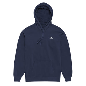 Mountain Faith Co. navy hoodie with minimalist white chest logo, Christian clothing.