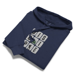 Navy folded Disciple Hoodie with bold DISCIPLE lettering representing a committed walk with Jesus by Mountain Faith Co.