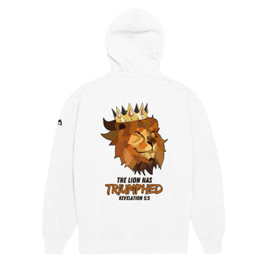 White Mountain Faith Co. Lion of Judah Hoodie with crowned lion graphic and Revelation 5:5 text