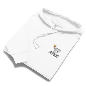 White Folded Mountain Faith Co. Lion of Judah Hoodie with crowned lion graphic and Revelation 5:5 text