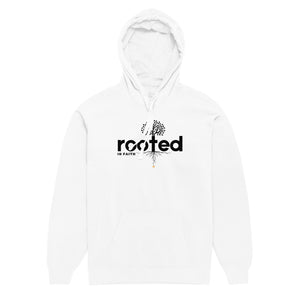 White Mountain Faith Co. Rooted in Faith Hoodie with bold minimal logo design