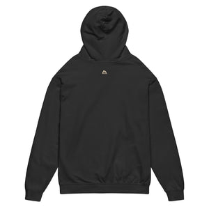 Black Heaven Hoodie with “On Earth as it is in Heaven” geometric typography and minimalist logo by Mountain Faith Co.