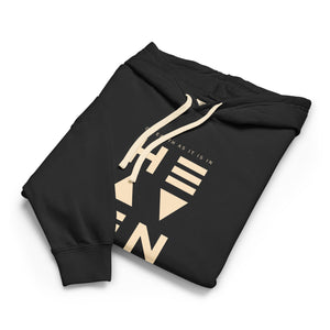 Black Heaven Hoodie with “On Earth as it is in Heaven” geometric typography and minimalist logo by Mountain Faith Co.