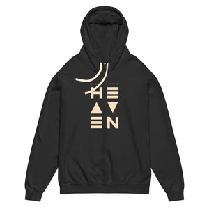Black Heaven Hoodie with “On Earth as it is in Heaven” geometric typography and minimalist logo by Mountain Faith Co.