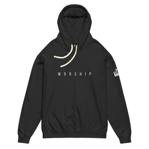 Black Mountain Faith Co. Worship Hoodie with minimal WORSHIP front design and Piano/cross design on sleeve