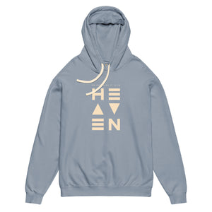 Blue Heaven Hoodie with “On Earth as it is in Heaven” geometric typography and minimalist logo by Mountain Faith Co.