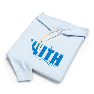 Light Blue Mountain Faith Co. Hoodie with bold blue FAITH text on the front