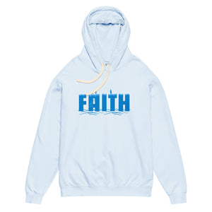 Light Blue Mountain Faith Co. Hoodie with bold blue FAITH text on the front