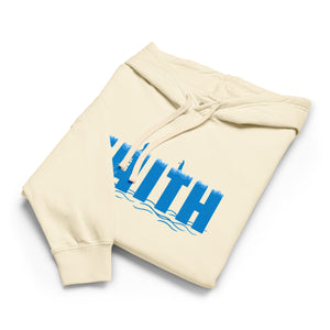 Ivory Mountain Faith Co. Hoodie with bold blue FAITH text on the front
