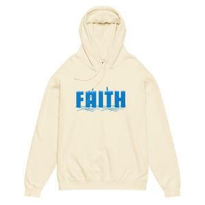 Ivory Mountain Faith Co. Hoodie with bold blue FAITH text on the front