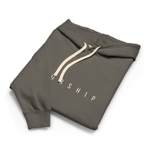 Gray Mountain Faith Co. Worship Hoodie with minimal WORSHIP front design and Piano/cross design on sleeve