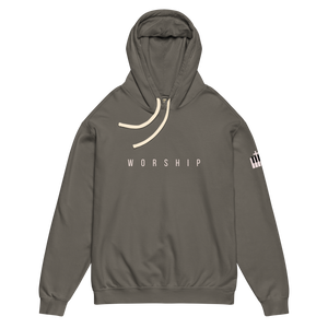 Gray Mountain Faith Co. Worship Hoodie with minimal WORSHIP front design and Piano/cross design on sleeve