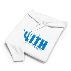 White White Mountain Faith Co. Hoodie with bold blue FAITH text on the front
