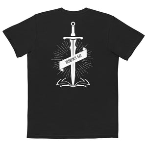 Black Double Edge Truth Pocket T Shirt with sword and Bible based design inspired by Hebrews 4:12 by Mountain Faith Co.