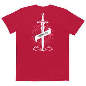 Red Double Edge Truth Pocket T Shirt with sword and Bible based design inspired by Hebrews 4:12 by Mountain Faith Co.