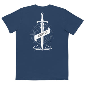 Blue Double Edge Truth Pocket T Shirt with sword and Bible based design inspired by Hebrews 4:12 by Mountain Faith Co.