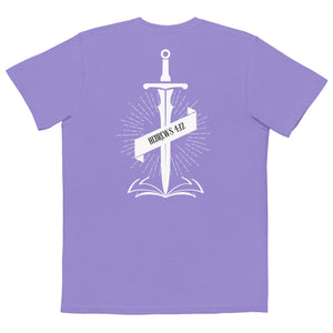 Violet Double Edge Truth Pocket T Shirt with sword and Bible based design inspired by Hebrews 4:12 by Mountain Faith Co.