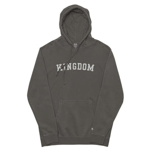 Gray Kingdom Hoodie with bold KINGDOM embroidery and vintage pigment dyed finish by Mountain Faith Co.