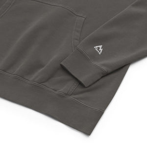 Gray Kingdom Hoodie with bold KINGDOM embroidery and vintage pigment dyed finish by Mountain Faith Co.