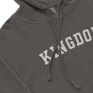 Gray Kingdom Hoodie with bold KINGDOM embroidery and vintage pigment dyed finish by Mountain Faith Co.