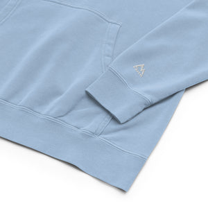 Light blue Kingdom Hoodie with bold KINGDOM embroidery and vintage pigment dyed finish by Mountain Faith Co.