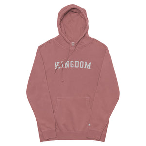 Maroon Kingdom Hoodie with bold KINGDOM embroidery and vintage pigment dyed finish by Mountain Faith Co.