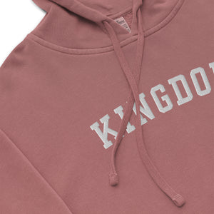 Maroon Kingdom Hoodie with bold KINGDOM embroidery and vintage pigment dyed finish by Mountain Faith Co.