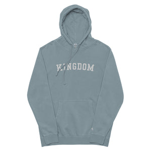 Blue Kingdom Hoodie with bold KINGDOM embroidery and vintage pigment dyed finish by Mountain Faith Co.