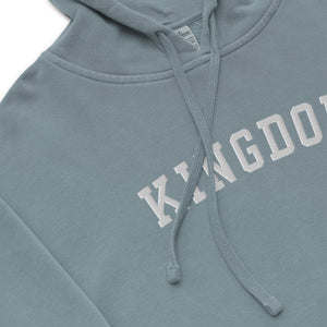 Blue Kingdom Hoodie with bold KINGDOM embroidery and vintage pigment dyed finish by Mountain Faith Co.