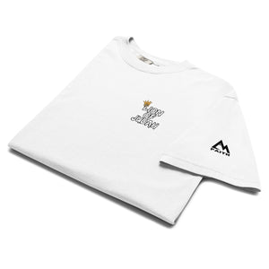 White Folded Lion of Judah Christian T-Shirt showcasing front chest logo from Mountain Faith Co.”